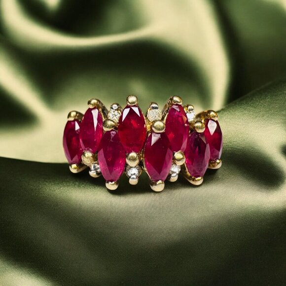 VINTAGE -10K Gold -Natural Ruby & Diamond Ring -Size 10- 2CT- Cluster Ring -3.2g - Picture 13 of 16